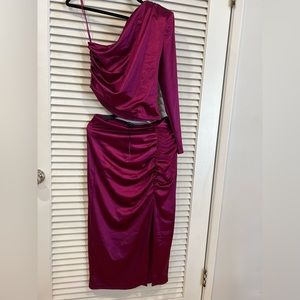 Satin draped one shoulder top & ruched midi skirt